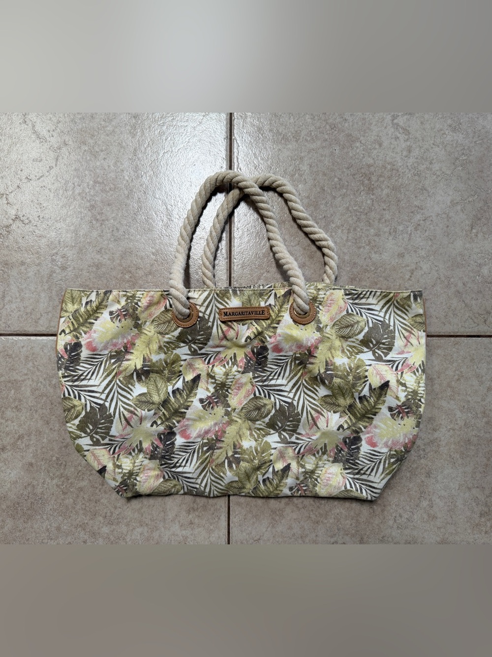 Margaritaville Floral Canvas Tote with Rope Handles in Green and Pink
